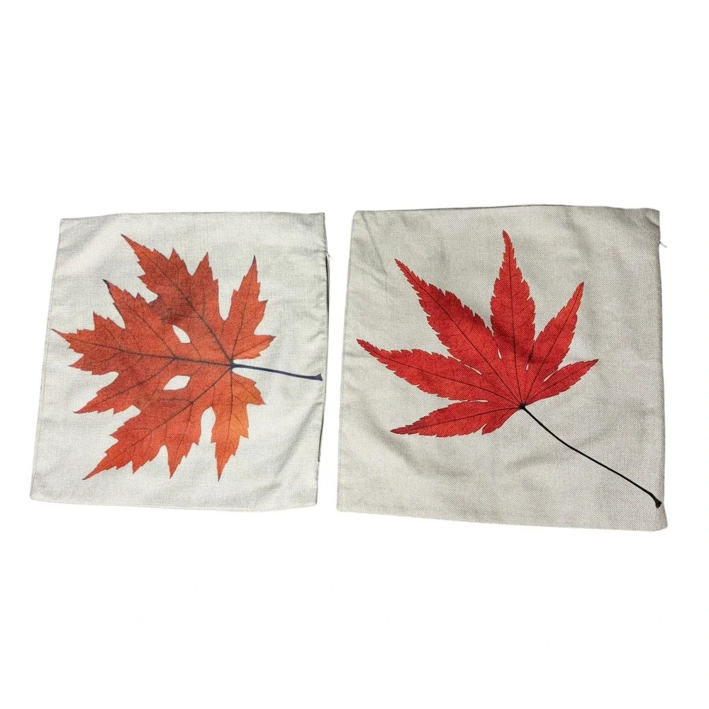 Set of 2 Autumn Maple Leaf Throw Pillow Covers 18x18 Fall Decor Linen Textured